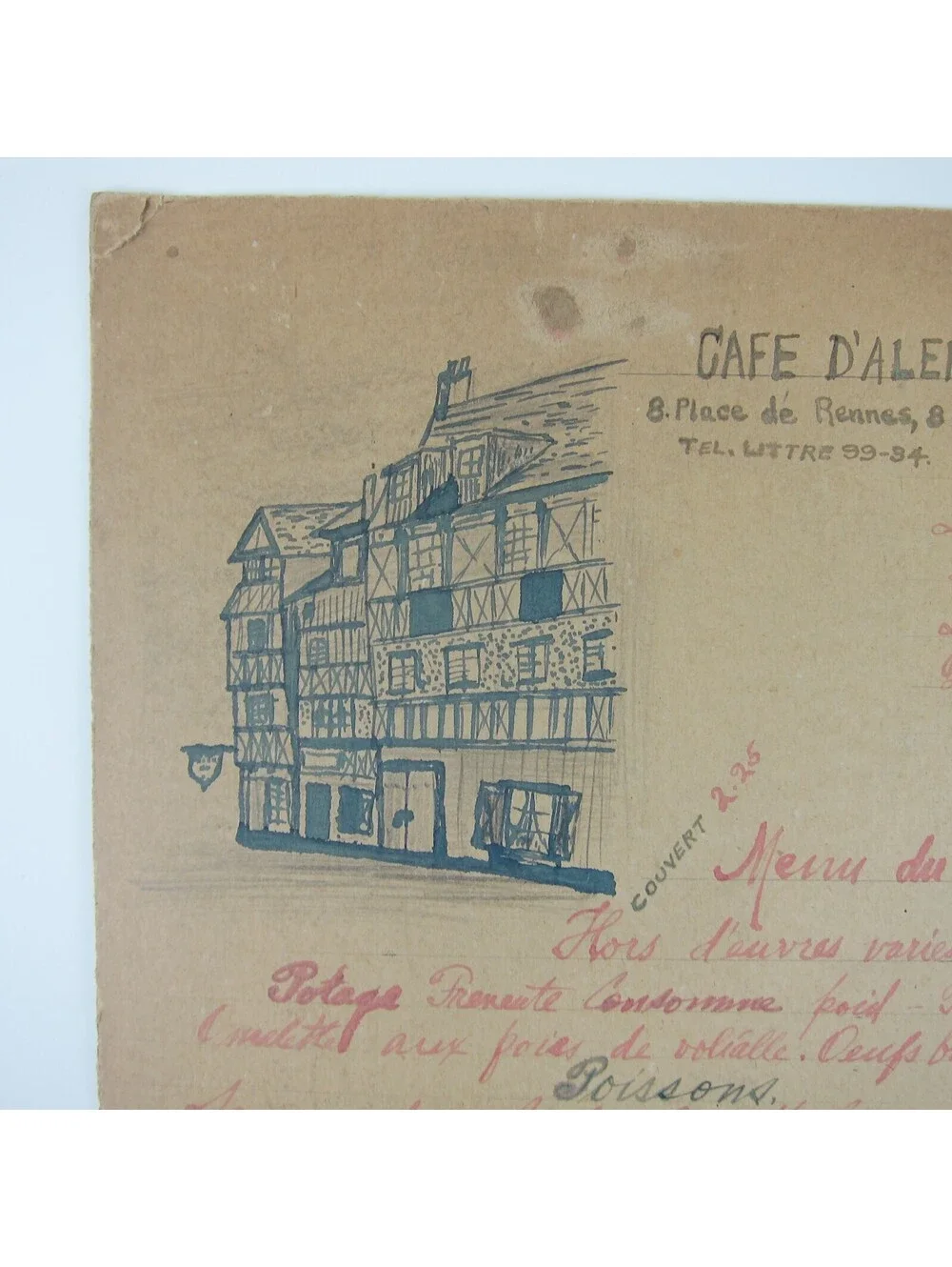 Antique 1920s Menu Cafe D'Alencon Montparnasse Paris France Wine Prices Handmade